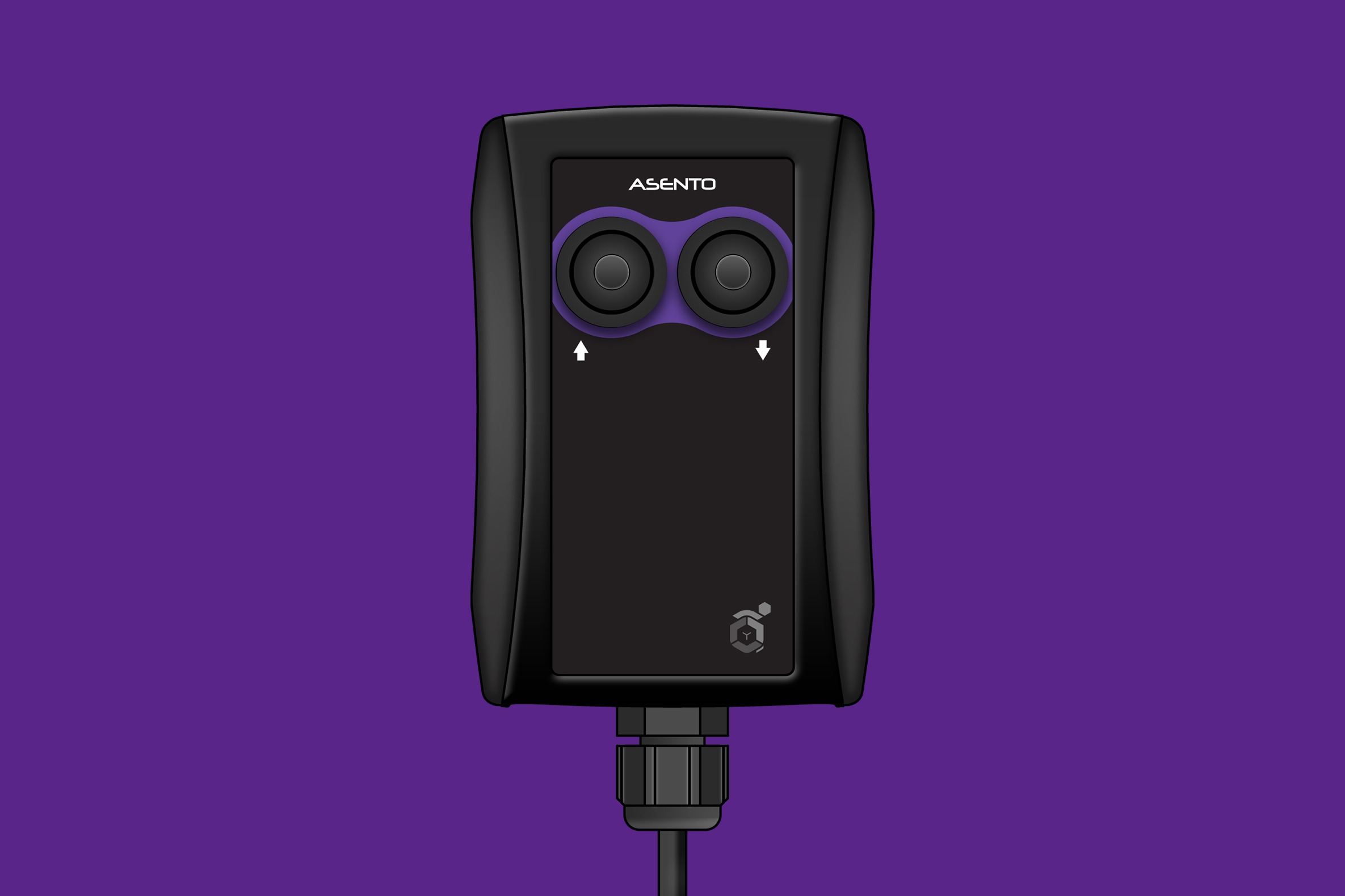 A two-button ASENTO hand pendant. In/Out on the face. A wire is connected to the bottom.