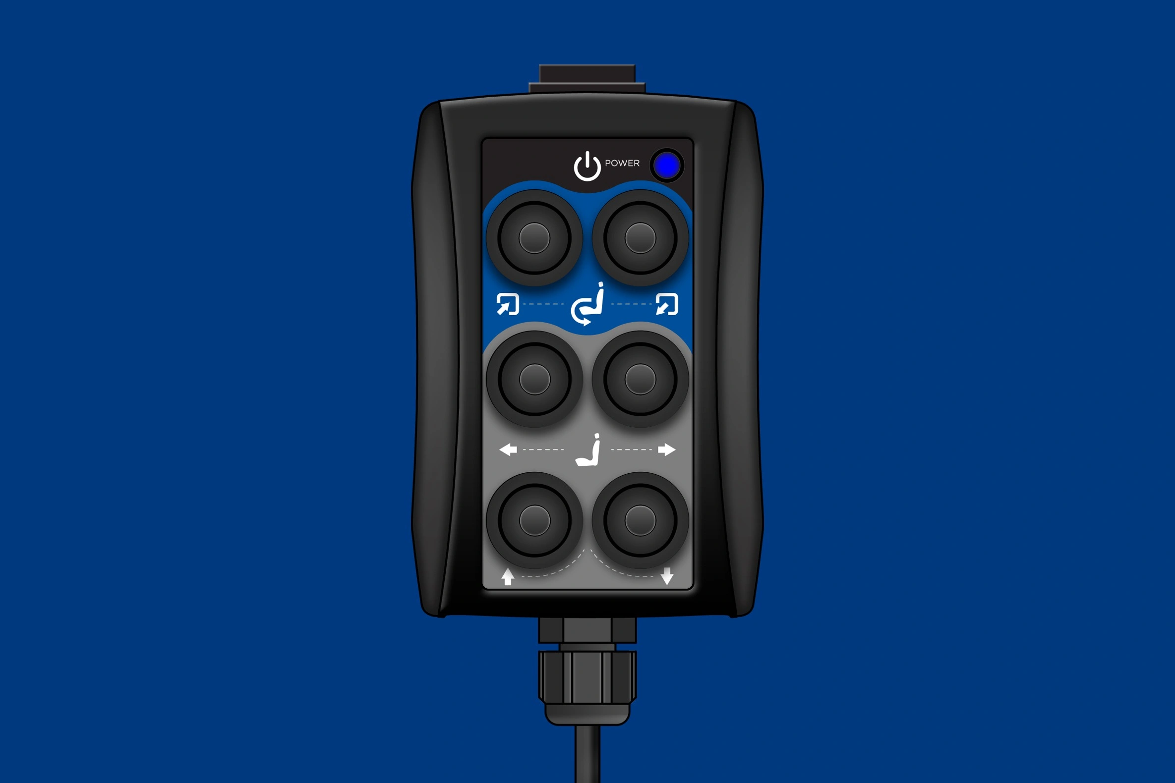 A six-button LINK hand pendant. One the face: In/Out on top, forward/back in the middle, tilt up/down on the bottom. The activation button is at the top and a wire is connected to the bottom.